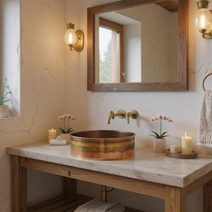 Grand lavabo vasque simple en cuivre martelé, finition satinée brossée, de luxe moderne, fait main, pour salle de bain - Product Image 2