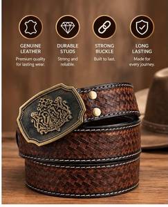 Ceinture en cuir western sculptée à la main avec une boucle ornée d'un motif géométrique d'inspiration vintage et d'un design durable. - Product Image 2