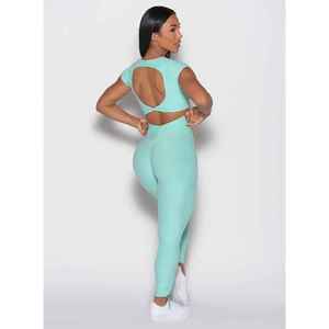 Conjunto de Yoga Verde Menta de 2 Piezas, Top Corto con Cuello Redondo, Leggings Largos de Cintura Alta, Sin Costuras, Color Sólido, Spandex, Poliéster - Product Image 3