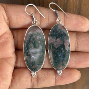 Boucles d'oreilles pendantes en argent plaqué 925 style bohème, avec agate mousse naturelle, bijoux fantaisie pour femme, idéales pour les soirées - Product Image 2