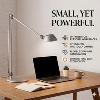 Lámpara de Escritorio LED Minimalista de Doble Brazo con Atenuador Táctil y Anillo de Luz para Oficina - Diseño en Aleación de Aluminio Gris