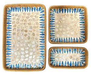 Ensemble de plateaux à collation en rotin naturel artisanal avec incrustation de nacre, plateau de service de luxe haut de gamme et décoration festive pour la maison - Product Image 4