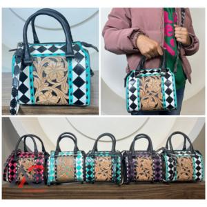 Bolso de Cuero Personalizado Hecho a Mano con Diseño Occidental a Cuadros Blancos y Negros, Bolso de Diseñador de Piel de Vaca para Mujer, Bolso de Viaje Resistente - Product Image 1