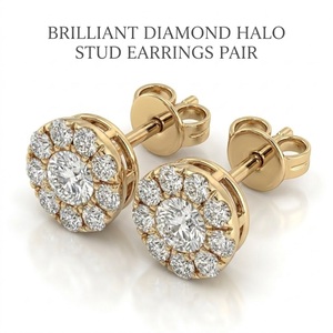 Boucles d'oreilles clous sur mesure en or jaune 18 carats avec halo de diamants naturels, sertissage brillant à 9 pierres en griffe, style mignon, certifiées IGI pour femme - Product Image 1