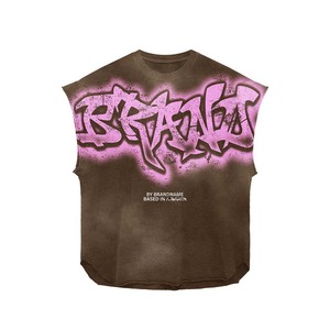 เสื้อยืดแขนกุดผู้หญิง ผ้าคอตตอนพรีเมียม 180GSM สีน้ำตาลพื้นพิมพ์ลายสีชมพูพ่นแบบแอร์บรัช สกรีนโลโก้ตามสั่ง เสื้อผ้าสตรีทแวร์ เสื้อผ้าฝ้ายผู้หญิง - Product Image 1