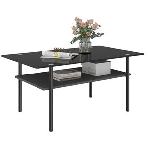 Tavolino da Caffè Moderno Rettangolare in Vetro, Piano in Vetro Temperato da 38,6 Pollici, Ripiano in Legno, Tavolo Centrale Nero per Soggiorno - Product Image 2