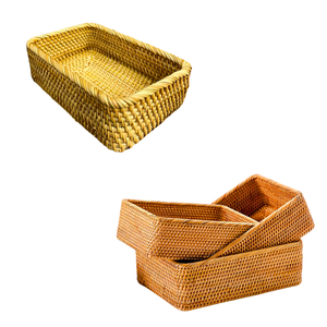 Juego de 3 Cestas/Bandejas Rectangulares de Mimbre RATTAN, Cestas Rectangulares de Mimbre Natural Tejidas a Mano - Product Image 1