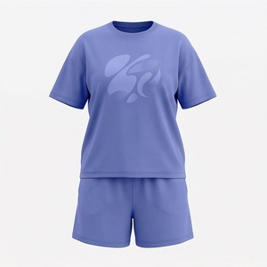 Ensemble 2 pièces pour femmes, t-shirt à manches courtes en tricot uni à coupe ample et short au-dessus du genou, col rond, décontracté, pour le printemps et l'été - Product Image 1