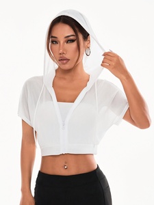 <b>Women's</b> <b>White</b> Chiffon Hooded <b>Crop</b> <b>Top</b> With Zipper Short Sleeve Summer Breathable Unlined Solid Color Casual Style - Product Image 1