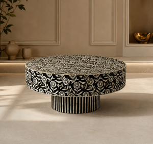 Mesa de Centro Redonda con Incrustaciones de Hueso, Ligera, con Patrón Floral, Moderna, para Sala de Estar, Mesa Auxiliar - Product Image 1