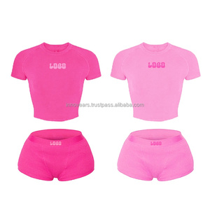 Traje deportivo de algodón acanalado con logotipo personalizado para mujer, mallas de Yoga de cintura alta, camisa de manga corta de gimnasio XL, conjunto sólido de 2 piezas para exteriores - Product Image 1