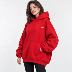 Women's Oversized <b>Red</b> <b>Hoodie</b> With Front Logo Print Drop-Shoulder Fleece Sweatshirt Long Length Autumn Wear - Product Image 4