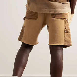 Shorts de charpentier en coton de haute qualité à double genouillère contrastante, patchwork, bords bruts, effet éclaboussures de peinture, en toile de coton lavée - Product Image 5