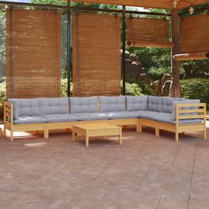 Set da salotto con Patio in pineta da 8 pezzi con cuscini grigi per il relax in giardino - Product Image 1