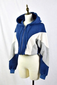 Sudadera Corta con Capucha para Mujer, Estilo Urbano, Bloques de Color, Manga Larga, Tejido Casual, Invierno, Azul, Blanco, Gris - Product Image 4