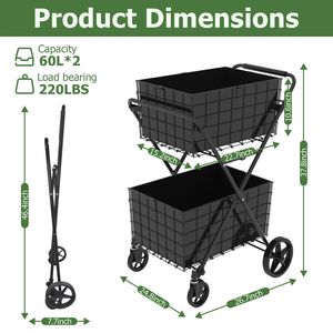 Carrello spesa pieghevole Jumbo a 2 livelli con ruote girevoli a 360 gradi e doppio cestello - Product Image 2