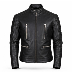 Blouson de moto Cafe Racer pour homme en cuir véritable noir, écologique, respirant, matelassé, coupe ajustée, imperméable et coupe-vent - Product Image 1