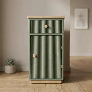Meuble de salle de bain vert minimaliste avec plateau en bois et poignées en bois, design de rangement - Product Image 1