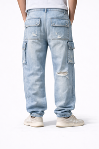 Pantalones Vaqueros Cargo para Hombre, Color Azul Claro, a Rayas, Impermeables, con Cintura Ajustada, Estilo Desgastado, con Múltiples Bolsillos, Casuales - Product Image 3