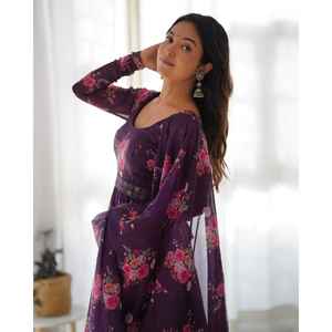 CONJUNTO DE TRAJE ANARKALI DE ORGANZA SUAVE PURO DE COLOR WAINE CON TOTALMENTE COSTURADO DKB 26 - Product Image 3