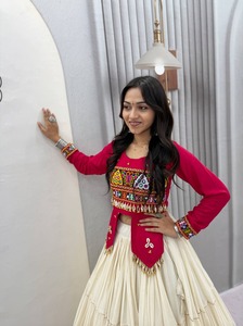 Traditional Indian Cotton <b>Lehenga</b> Set With Embroidered <b>Red</b> Crop Top And Cream Floor-Length Skirt For Women <b>Wedding</b> Wear - Product Image 3