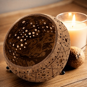 Handmade Eco-Friendly Vintage Coconut Shell Disposable <b>Tealight</b> Candle Holder Customized Daisy Carving Heat Resistant Party - Product Image 6