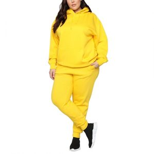 Women Plus Size <b>Yellow</b> Hooded <b>Tracksuit</b> Full Sleeve Solid Color Casual 2 Piece Set Side Pockets Elastic Waist 100% Cotton - Product Image 1