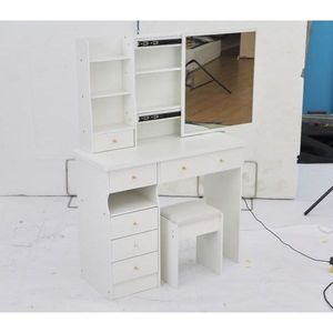 37\" Extra Large Left Drawer Desktop Vanity Table <b>Cushioned</b> <b>Stool</b> Right Sliding Mirror Multi-Layer High Capacity Makeup Vanities - Product Image 4
