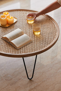 Modern Round Rattan Coffee <b>Table</b> With Iron Hairpin Legs Living Room Furniture Midcentury Design Handmade - Product Image 5