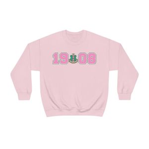 Light Pink Crewneck Sweatshirt with Pink and <b>Green</b> 1908 Graphic Print Long Sleeve Cotton Fleece Casual Women's Pullover Top - Product Image 1