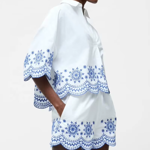 Quality Women's White Embroidered Casual Solid Chiffon Woven Short Two Piece <b>Set</b> Sleeveless O-Neck Crop Top Long Skirt 100% - Product Image 1