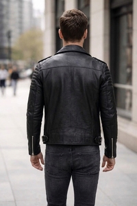 Veste moto en cuir véritable pour homme, coupe ajustée, col rabattu, fermeture éclair, couleur noire unie, pour l'automne - Product Image 2