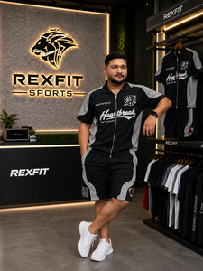 REXFIT SPORTS 2026 Ensemble de survêtement personnalisé pour homme en polyester noir et gris, ensemble de vêtements de sport à manches courtes avec fermeture éclair et broderie - Product Image 5
