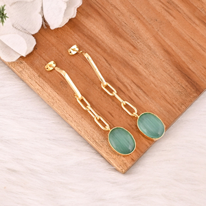 Handmade Gold Plated Green <b>Cat's</b> Eye Gemstone Brass <b>Earrings</b> Trendy Fashion Statement Jewelry for Women - Product Image 3