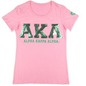 Camiseta Gráfica Personalizada Rosa y Verde, Manga Corta, Cuello Redondo, Estilo Casual, Diseño con Lentejuelas Brillantes, Prenda Elegante para Mujer, Uso Diario - Product Image 1