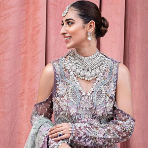 Premium Pakistani Bridle Dress Peach Pink Pastel Layered Farshi Lehnga Featuring Exquisite Silver Kora Dabka Handwork - Product Image 1