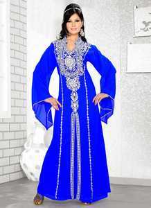 ชุดราตรีทรงเอไลน์สีน้ำเงินรอยัลปักลายผ้าชีฟองเอวธรรมชาติยาวคลุมเท้าประดับลูกปัดสำหรับผู้หญิงจาก AWAIS HOUSE - Product Image 4
