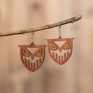 Wooden <b>Owl</b> <b>Earrings</b> Laser Cut Design Natural Brown Color Dangle Style Craft Jewelry - Product Image 1