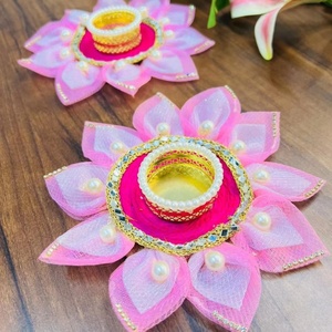 Handcrafted Pink Floral Lotus Diya Holder Elegant <b>Gota</b> Patti and Pearl Studded Tea Light Bases for Diwali Festive Home Decor - Product Image 1