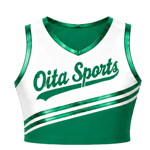 Maillot de cheerleading vert sans manches, crop top personnalisé, uniforme sportif d'équipe, tenue athlétique de performance, vêtements d'entraînement - Product Image 1