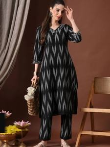 <b>Women</b> Black Gray Digital Print Cotton <b>Kurta</b> Set Regular Fit Knee-Length Traditional Casual India Pakistan All Seasons Quick Dry - Product Image 4
