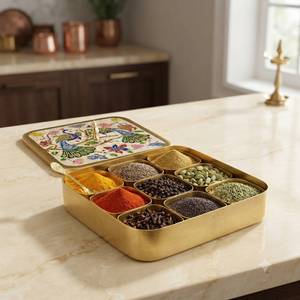 Boîte à épices carrée traditionnelle en laiton motif paon, conteneur de luxe pour épices indiennes, boîte décorative de rangement de cuisine - Product Image 2