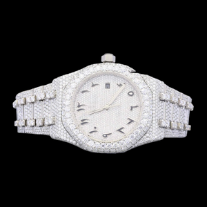 Reloj de Lujo de Marca con Esfera Redonda, Números Arábigos, Oro Blanco, Totalmente Cubierto de Diamantes Moissanite, Movimiento de Cuarzo, Estilo Hip Hop - Product Image 1