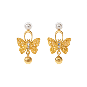 24K Gold Plated Diamond Pearl Ear Studs-Trendy Butterfly & Ball Design for Party & Gift - Product Image 3