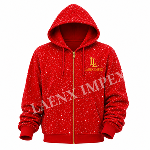 Sweat à capuche zippé pour homme avec imprimé étoile rouge, sweat à capuche personnalisé style strass, sweat à capuche décontracté streetwear à fermeture éclair intégrale - Product Image 2