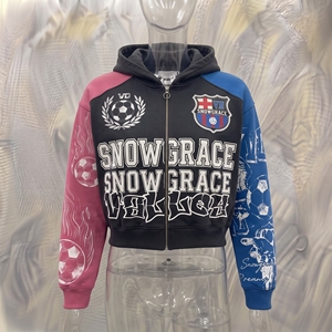 Sweat-shirt à capuche brodé Snowgrace, fermeture éclair, manches raglan, design sportif court, unisexe, coupe classique, vêtements d'hiver - Product Image 3