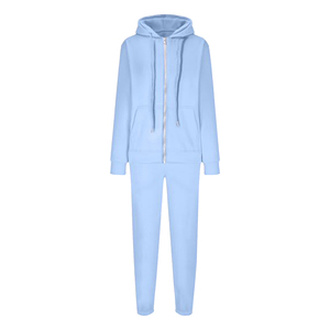 Ensemble de survêtement pour femme bleu clair à capuche, 2 pièces, fermeture éclair intégrale, sweat-shirt et pantalon décontractés, couleur unie, 100% coton, produit le plus vendu - Product Image 1