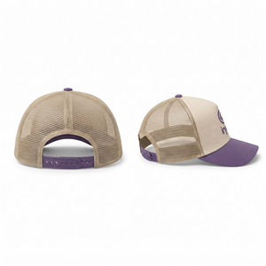 Gorra Trucker Personalizada al por Mayor con Logotipo Bordado, Gorra de Malla Beige y Morada de Perfil Alto, 5 Paneles, Visera Curva, Alta Calidad, Unisex - Product Image 4