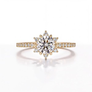 Bague de fiançailles demi-éternité en or massif 10K 14K 18K avec diamant de laboratoire rond certifié IGI, couleur DEF, clarté VSVVS, motif floral - Product Image 1