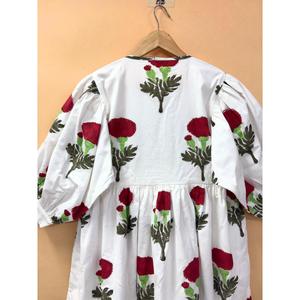 Bohemian Floral Block Print Cotton Midi <b>Dress</b> with Tie Neck and Puff Sleeves <b>Loose</b> Fit Asymmetrical Hem Summer Casual <b>Dress</b> - Product Image 4